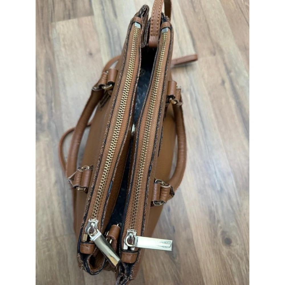 Tory Burch Brown Leather Satchel Crossbody Double Zip Logo Bag
